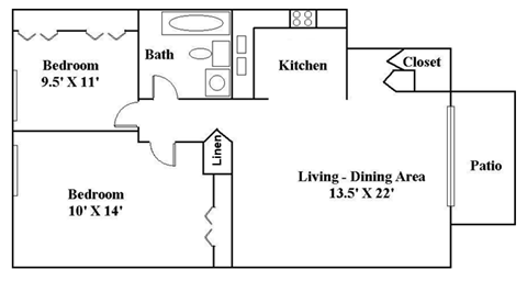 Floor plan for 2 beds, 1 bath, 940 sqft